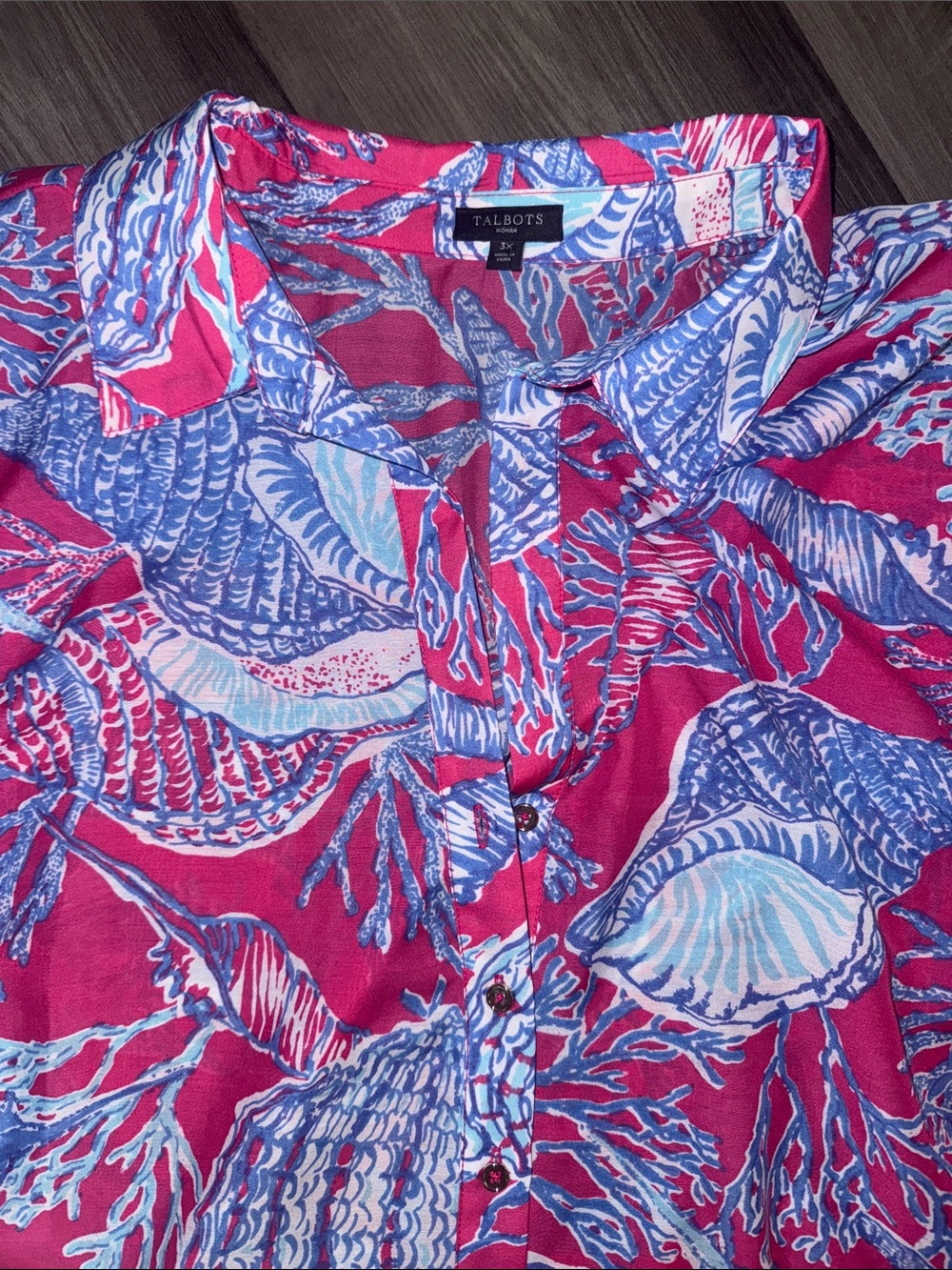 NEW Talbots 3X pink blue blouse plus women’s seashells beach coastal shirt top
